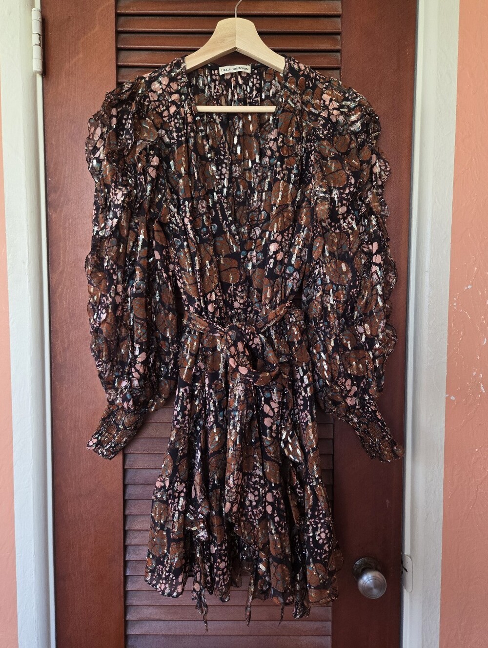 Ulla Johnson Natalia Silk-Blend Ruffled Lurex Mini Dress in Umber, Size 2 - Picture 2 of 9